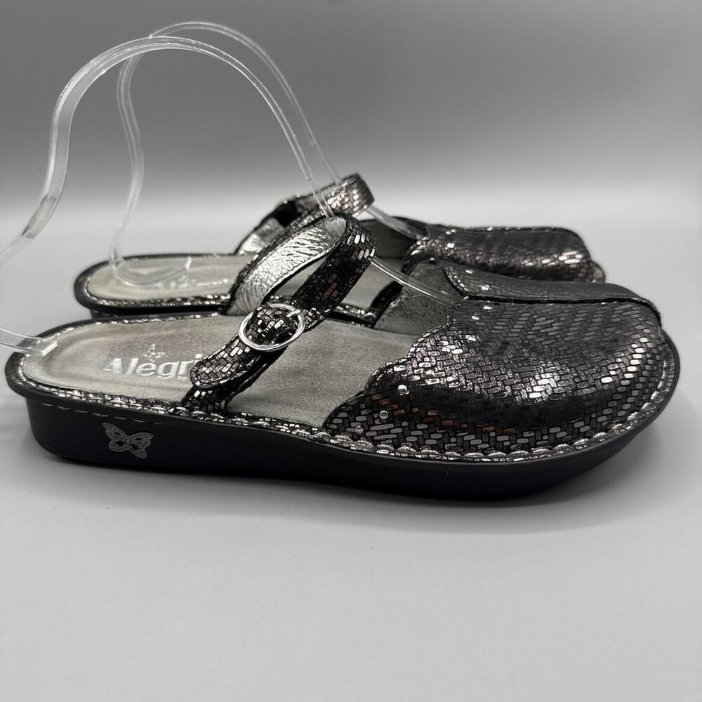 Alegria Metallic Silver Black Leather Mary Jane Slide Comfort Size 40 US 9.5-10